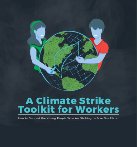 Eine Frau und ein Mann umarmen den Planeten und es wird zum Klimastreik unter Berücksichtung der Arbeiter*innen seitens "Workers for sustainability" aufgerufen
